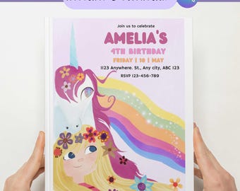 Unicorn Birthday Invitation for Girl: Rainbow Flowers (Digital Download)