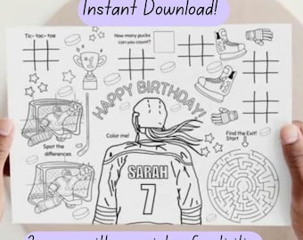Hockey Birthday girl Activity Placemat for girl Coloring Page & Games (Digital Download) hockey girl birthday