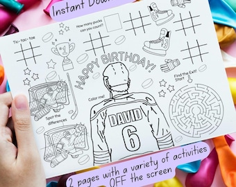Tovaglietta per attività di compleanno a tema hockey per bambini, pagina da colorare e giochi (download digitale)