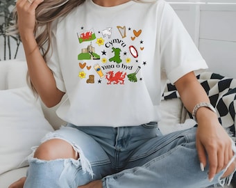 Maglietta Cardiff Galles Maglietta da viaggio con icone colorate Maglietta con bandiera del Galles Maglietta con scarabocchi regalo per i cittadini di Cardiff Maglietta unisex gallese