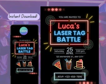 Laser Tag Birthday Invitation: Editable birthday Party Invite Neon (Instant Download)