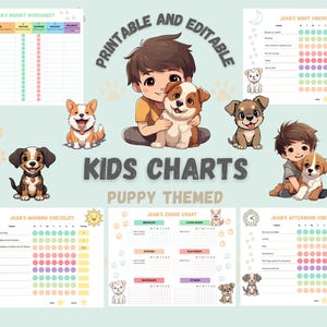 Puede incluir: Conjunto de gráficos infantiles imprimibles y editables con temática de cachorros. Incluye una hoja de cálculo de presupuesto, listas de verificación de la mañana, la noche, las tareas y la tarde. Con cachorros y niños de dibujos animados.