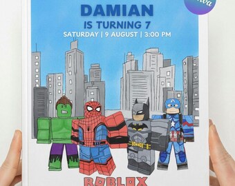 Roblox Birthday Invitation Roblox Party Invite Superheroes Editable birthday invite Spiderman & other superheroes Editable Instant Download