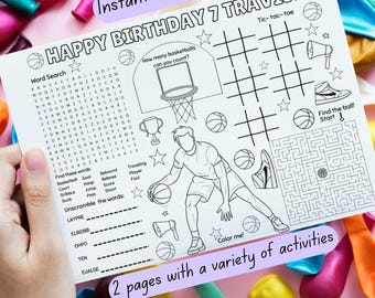 Basketball birthday activity Placemat Colouring activities for kids activity to entertain Basketball party favor for kids Colouring Mat