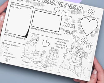 Mother's day Activity Placemat Colouring for kids for mother's day All About Mom 2 Pages (Printable) instant  download