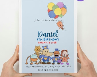 Invito di compleanno Dog Man: invito alla festa modificabile (download digitale)