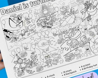 Tovaglietta con attività Dogman per intrattenere i bambini "Io spio con il mio piccolo occhio" pagina da colorare per bambini per intrattenere i bambini foglio di compleanno