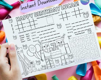 Tovaglietta per attività Minecraft, attività da colorare per bambini, attività di compleanno per intrattenere, bomboniere di compleanno Minecraft per bambini, tappetino da colorare