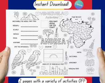 Mantel individual de actividades para niños de Venezuela: Página para colorear y sopa de letras (Descarga digital)