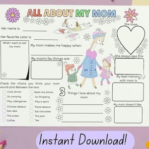 Mantel individual con actividades para el Día de la Madre: Página para colorear &quot;Todo sobre mamá&quot; (imprimible)