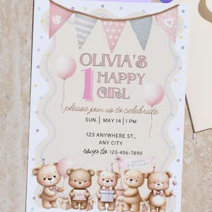 Teddy Bear 1st Birthday Invitation: Pink Party, Thank You Note (Digital Download)