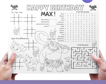 Maui Vaiana aktivitetsunderlägg, målaraktivitet för barns födelsedag, ordsökning för barn, underhållning för barn målarbild