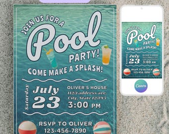 Editable Pool Party Invitation: Neutral Birthday Invite (Instant Download)