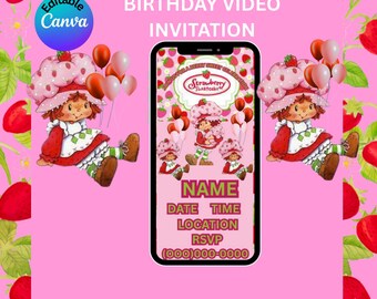 Strawberry Short Cake Birthday Video Invitation Editable Mp4