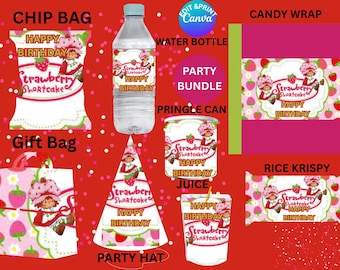 Strawberry ShortCake party favor bundle  Edit Yourself In Canva Party Kit