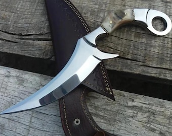 Handmade D2 Steel Karambit Knife with Ram Horn Handle & Leather Sheath
