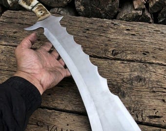 Machete de caza personalizado hecho a mano de acero para herramientas D2 / Mango de cuerno de carnero de 61 cm / Regalo personalizado para él, regalo para esposo