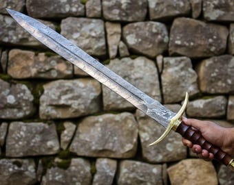 Hand Forged Damascus Steel Viking Sword – Custom Medieval Sword Rosewood Handle, Leather Sheath