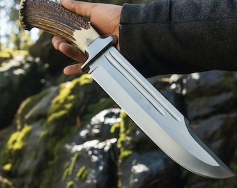 Handmade D2 Steel Bowie Hunting Knife: Stag Horn Handle With Leather Sheath, Camping knife With Leather
