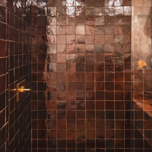 May include: A shower interior featuring dark brown square tiles with a glossy finish. The tiles are arranged in a grid pattern, creating a textured surface. A gold-colored shower handle is visible on the left side.