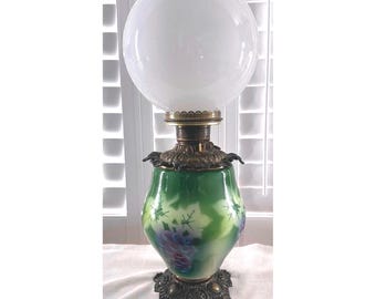 Antique Art Nouveau Green Glass Hand Painted Grapes Floral Oil Lamp with Globe