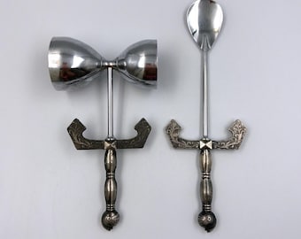 VTG 1960s Barware Set Jigger & Stir Spoon Ornate Medieval Handle Cocktail Tools