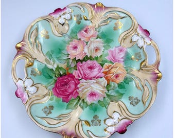RS Prussia Style Antique Handled Porcelain Cake Rose Floral Gold Design 10"