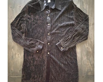 Jeri Marque Collectibles Black Gold Metallic Pleated Button Semi Sheer Blouse L