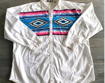 VTG 90's Southwestern Button Shirt Aztec Stripe Cotton White Boho Men's Small
