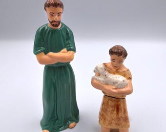 Conjunto de 2 figuras de pastores em cerâmica pintadas à mão para presépio vintage (reposição)