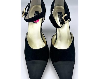 Tacones Mary Jane de terciopelo negro brillante de VTG con hebilla de diamantes de imitación para mujer, talla 9.5