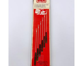 Juego de 6 tenedores para fondue vintage OHS de acero inoxidable con mangos de madera en caja