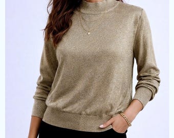 Suéter vintage de punto metalizado dorado con bechamel y cuello alto para mujer, talla M