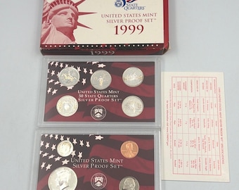 1999-S United States Mint 9-Coin 90% Silver Proof Set 50 States Quarters OGP+COA