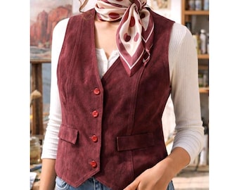 Chaleco VTG Carla NY de ante burdeos con botones delanteros y espalda ajustable para mujer, talla L