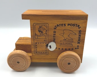1991 Vintage Toystalgia USPS Wooden Mail Truck Coin Bank Music Box USA