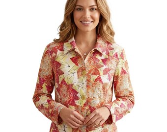 Chaqueta tipo blazer con botones y forro, multicolor y estampado floral, de la marca Chico's, talla 3 de mujer.