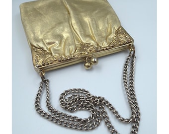 Vintage Gold Satin Evening Bag Ornate Frame Chain Strap Clutch w/ Coin Bag