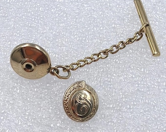 Vintage Gold Tone Initial E Monogram Tie Tack Chain Ornate Retro Mens Luxury