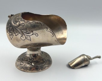 Vintage Silver Plate Scuttle Sugar Bowl with Scoop Floral Repousse Design
