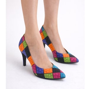 VTG Life Stride Cathy Heels Bright Multi Color Patchwork Pumps Womens Size 10