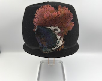 Vintage Bon Marche Black Fur Velour Pillbox Hat w/ Iridescent Pheasant Feathers