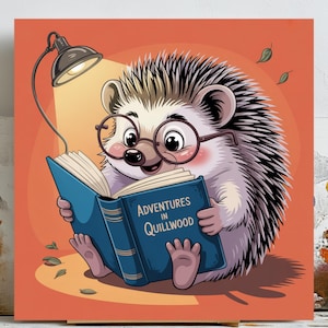 Arte de erizo lindo, erizo leyendo, arte para amantes de los libros, decoración de habitaciones infantiles, arte mural para guardería, descarga digital, arte de animales del bosque, decoración del hogar