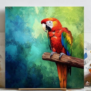 Puede incluir: Una pintura vibrante de un guacamayo posado en una rama de madera. El ave presenta plumaje rojo, amarillo, azul y verde, con un pico blanco y una cabeza roja. El fondo tiene un diseño texturizado y abstracto en tonos azules y verdes.