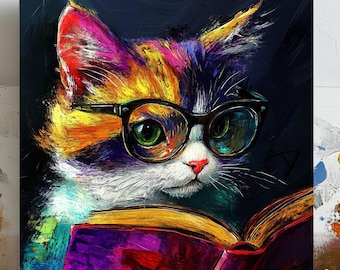 Cat Wearing Glasses Wall Art, Canvas or Poster, Cat Lover Gift, Book Lover Art, Cat Reading Book, Library Wall Decor, Reading Nook Decor