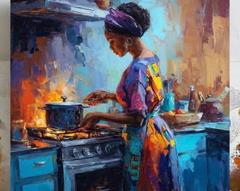 Arte mural de mujer africana cocinando, lienzo o póster, decoración de pared de cocina, arte de mujer negra, pintura al óleo empastada, decoración del hogar, arte afroamericano
