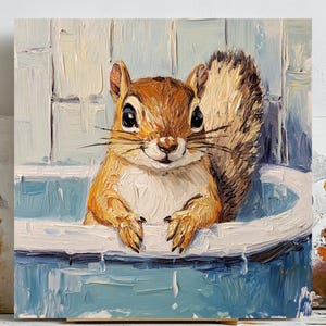 Arte mural de ardilla, decoración de baño con animales, lámina artística para bañera, decoración de habitación infantil con temática de bosque, arte mural para baño infantil, póster de animales adorables, decoración del hogar
