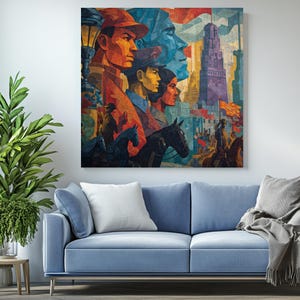 Puede incluir: Una gran impresi&oacute;n en lienzo que representa una ilustraci&oacute;n estilizada y colorida de varias personas de perfil, con un paisaje urbano y banderas en el fondo. La obra de arte presenta tonos c&aacute;lidos de naranja, rojo y amarillo, contrastados con azules y verdes fr&iacute;os.