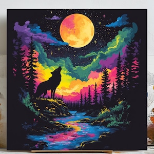 Howling Wolf Wall Art, Wolf Howling At Moon Canvas, Full Moon Wolf Poster, Mystical Wolf Wall Decor, Forest Night Animal Print, Wildlife Art