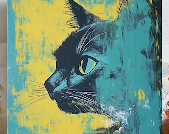 Abstract Cat Wall Art, Canvas or Poster, Modern Animal Decor for Living Room or Office, Bold Teal Yellow Artwork, Contemporary Print